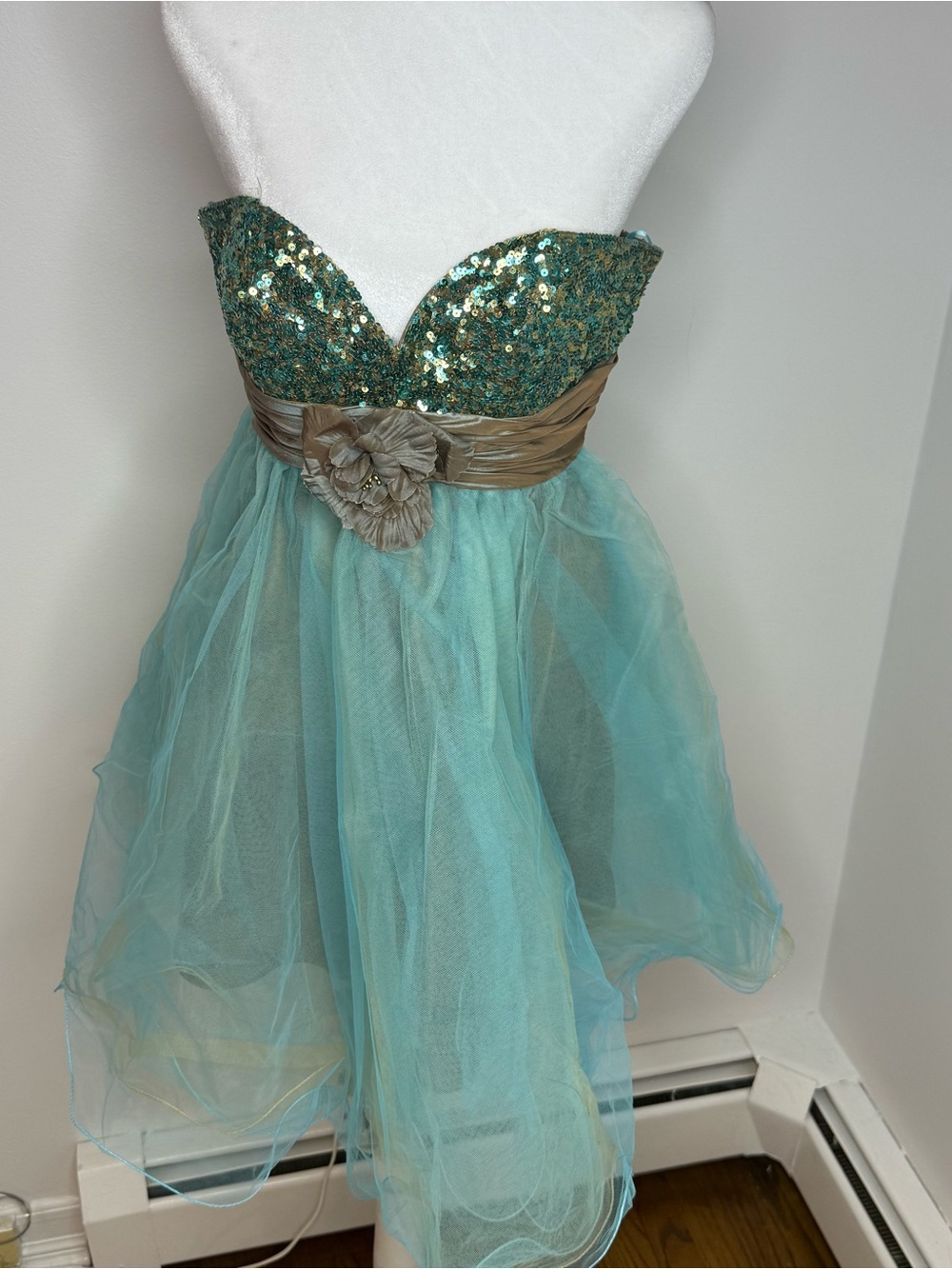 Girls Teal Sequin Tulle Party Dress with Gold Sash - Picture 3 of 3